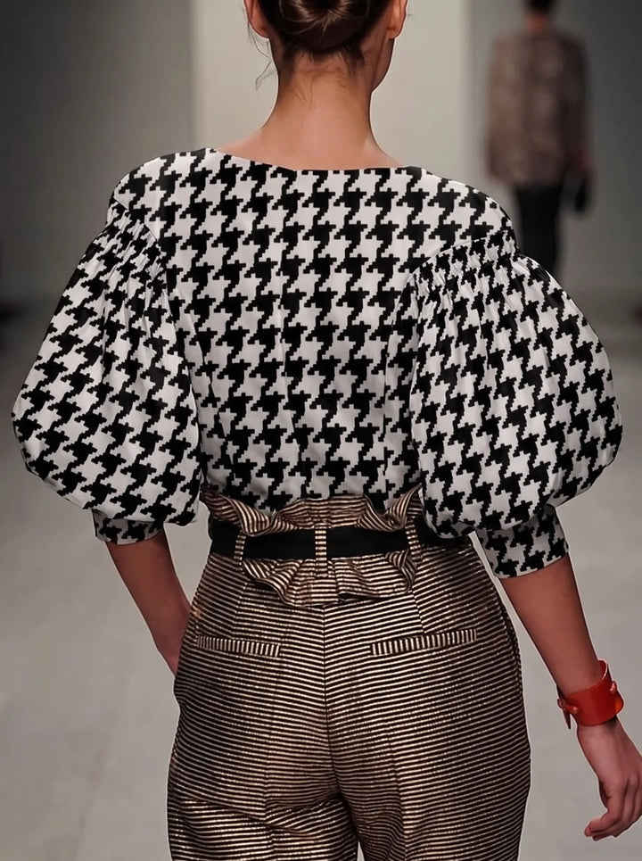 Blusa Suelta Con Estampado Pied-de-poule Y Mangas Abullonadas En Colores Contrastantes