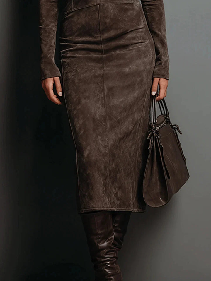 Marcelle Luxe™ | Turtleneck Suede Midi Dress