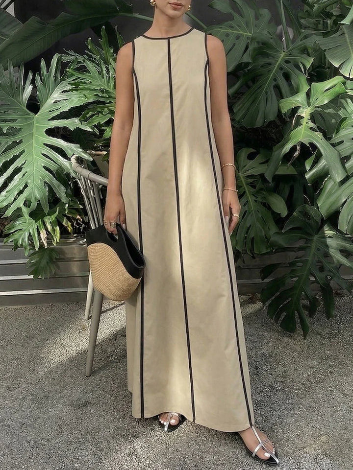Vestido Maxi Holgado Línea A Bicolor Con Rayas Y Cuello Redondo