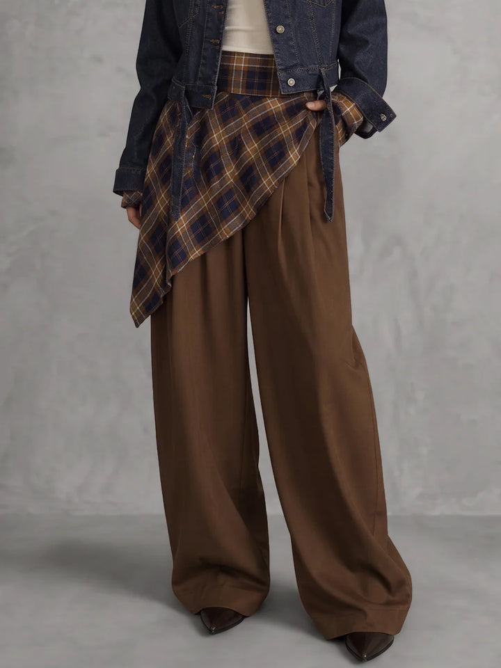 Pantalón De Pierna Ancha Con Estampado A Cuadros, Cintura Alta Y Bolsillos
