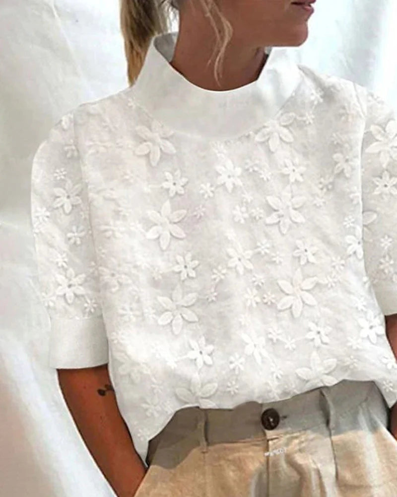 Blusa Casual de Encaje con Cuello Mao Oculto
