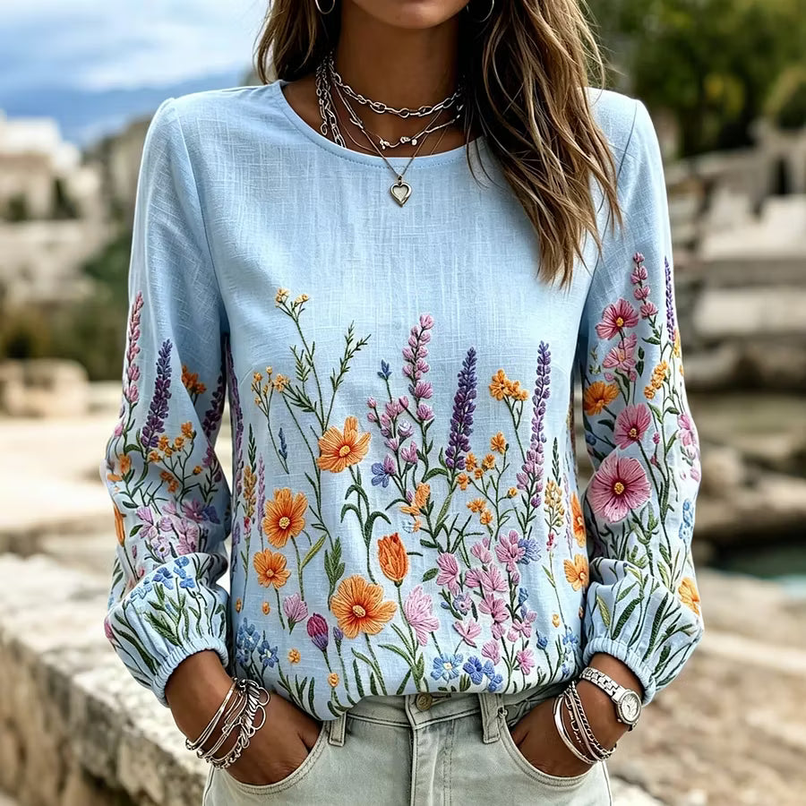 Blusa vintage floral casual de algodón y lino con cuello redondo y manga larga