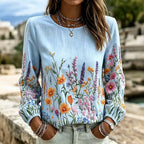 Blusa vintage floral casual de algodón y lino con cuello redondo y manga larga