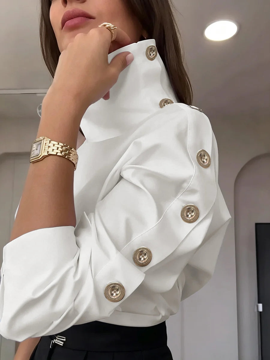 Blusa Camisa Color Sólido Manga Larga Con Botones Y Tirantes Ajustables