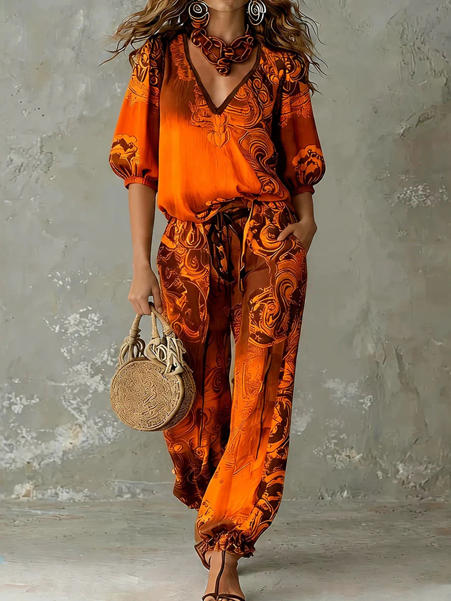 Conjunto Dos Piezas - Blusa Manga Media Con Contraste De Color Y Estampado Cuello En V + Pantalón Cintura Alta Con Lazada Y Bolsillos