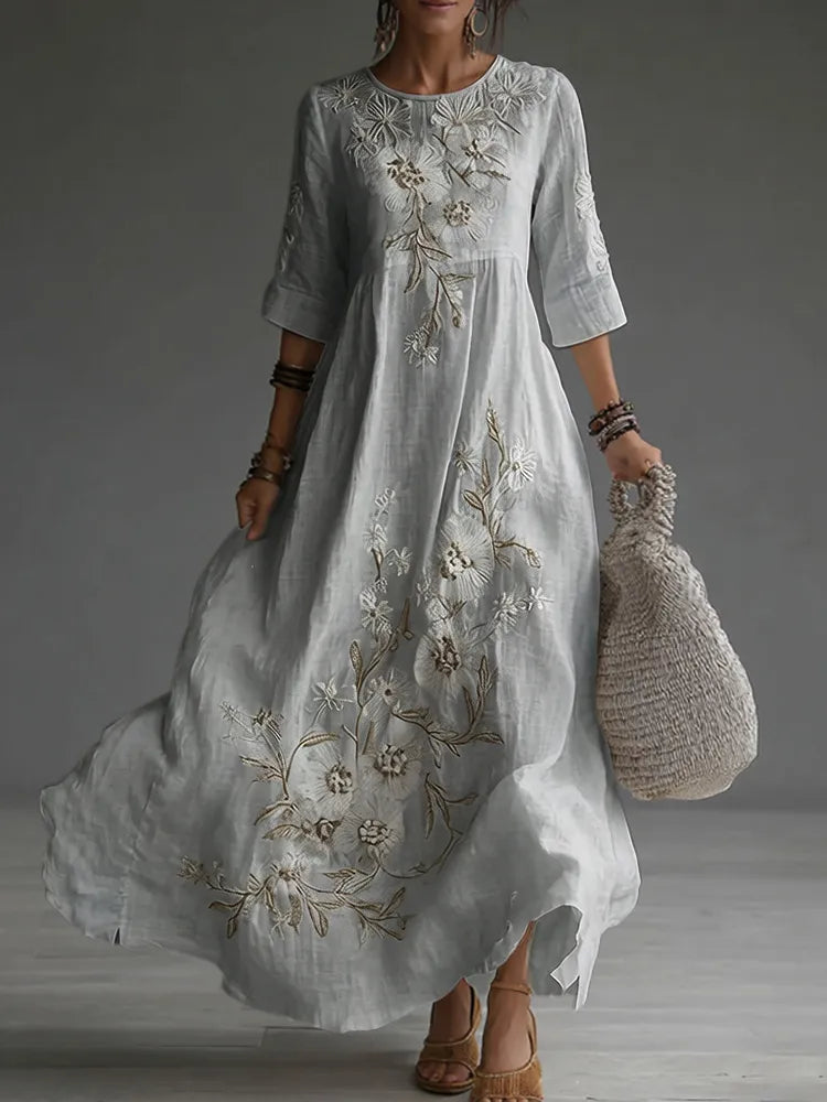 Vestido maxi de lino casual con bordado floral japonés