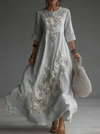 Vestido maxi de lino casual con bordado floral japonés