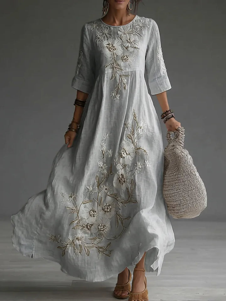 Vestido Maxi de Linho Casual com Bordado Floral Japonês