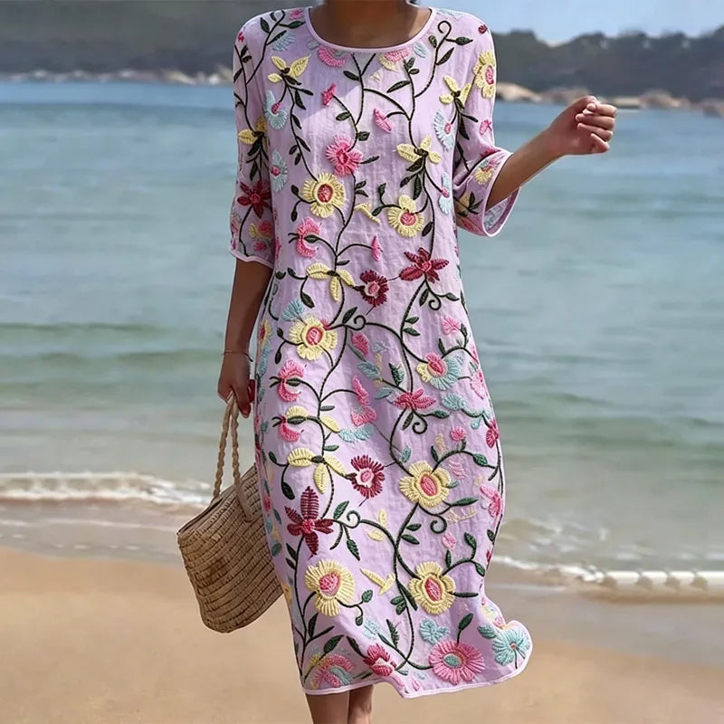 Vestido Vintage Solto De Manga 3/4 Com Estampado Floral Em Mistura de Linho