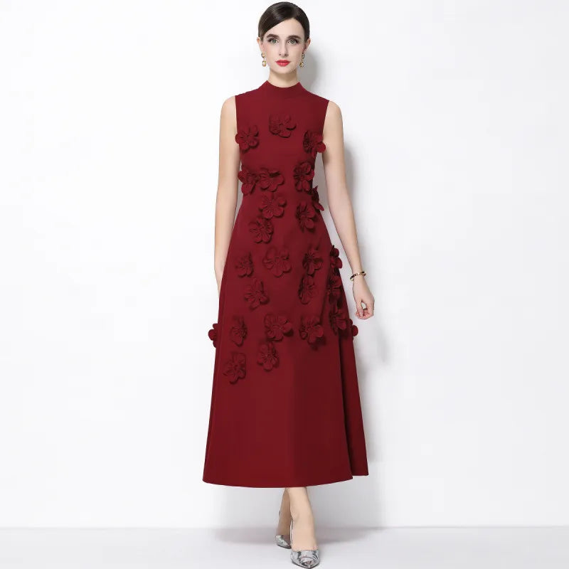 Vestido Maxi Gala Sem Mangas Gola Alta Flores 3D Patchwork Casamento