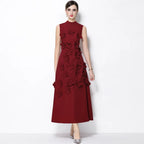 Vestido maxi gala sin mangas cuello alto flores 3d patchwork boda