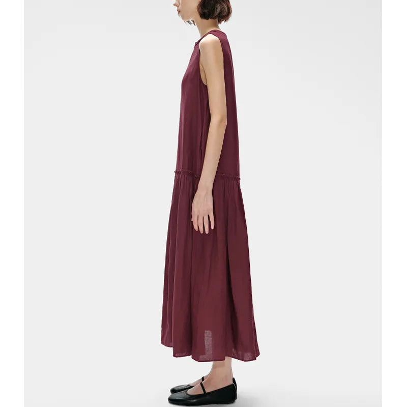 Vestido maxi lino sin mangas con escote llave y volantes k26051104