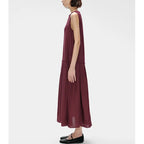 Vestido maxi lino sin mangas con escote llave y volantes k26051104