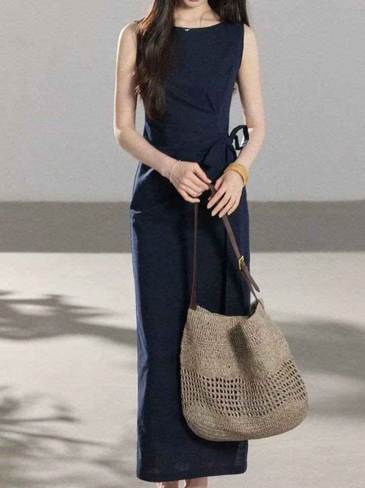 Vestido Maxi de Linho Sem Mangas com Nó na Cintura