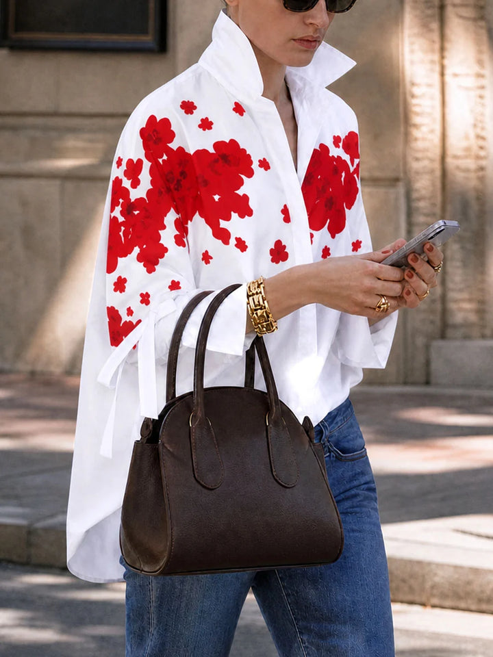 Blusa Camisa Estampado Floral Manga Larga Con Cuello En V Anudada Y Botones