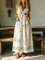 Vestido largo boho retro sin mangas con encaje floral de algodón y lino