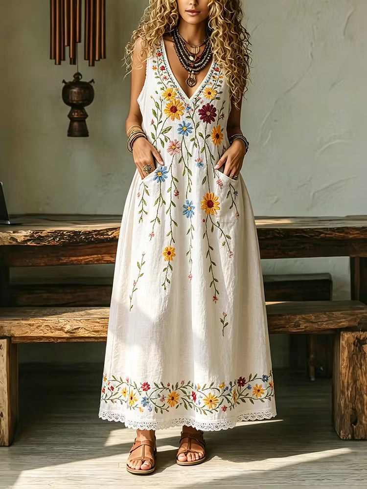 Vestido largo boho retro sin mangas con encaje floral de algodón y lino