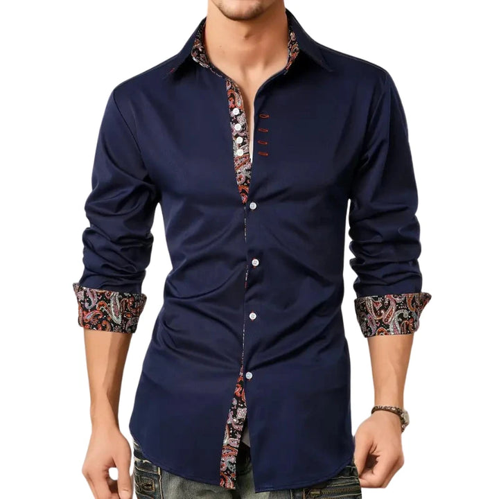 Camisa De Hombre Ajustada Con Botones Y Detalle De Estampado En El Borde