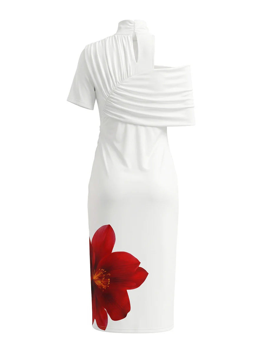 VESTIDO MIDI BODYCON MANGA CURTA COM ESTAMPADO FLORAL PLISSADO E ABERTURA FRONTAL - GOLA ALTA