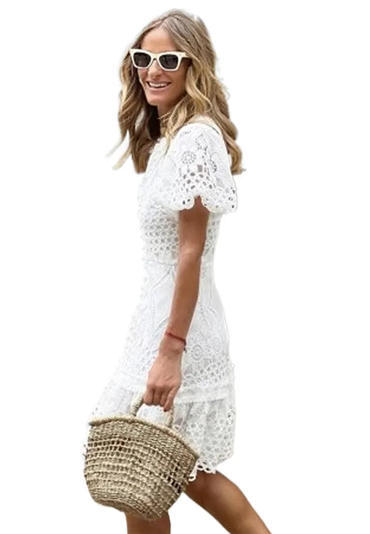 Vestido Renda Manga Curta Estilo Europeu Americano Branco
