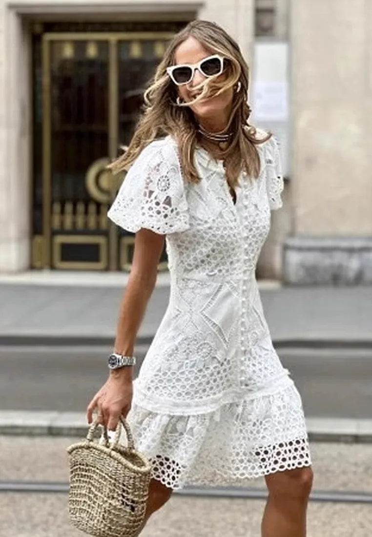 Vestido encaje manga corta estilo europeo americano blanco