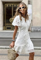 Vestido encaje manga corta estilo europeo americano blanco