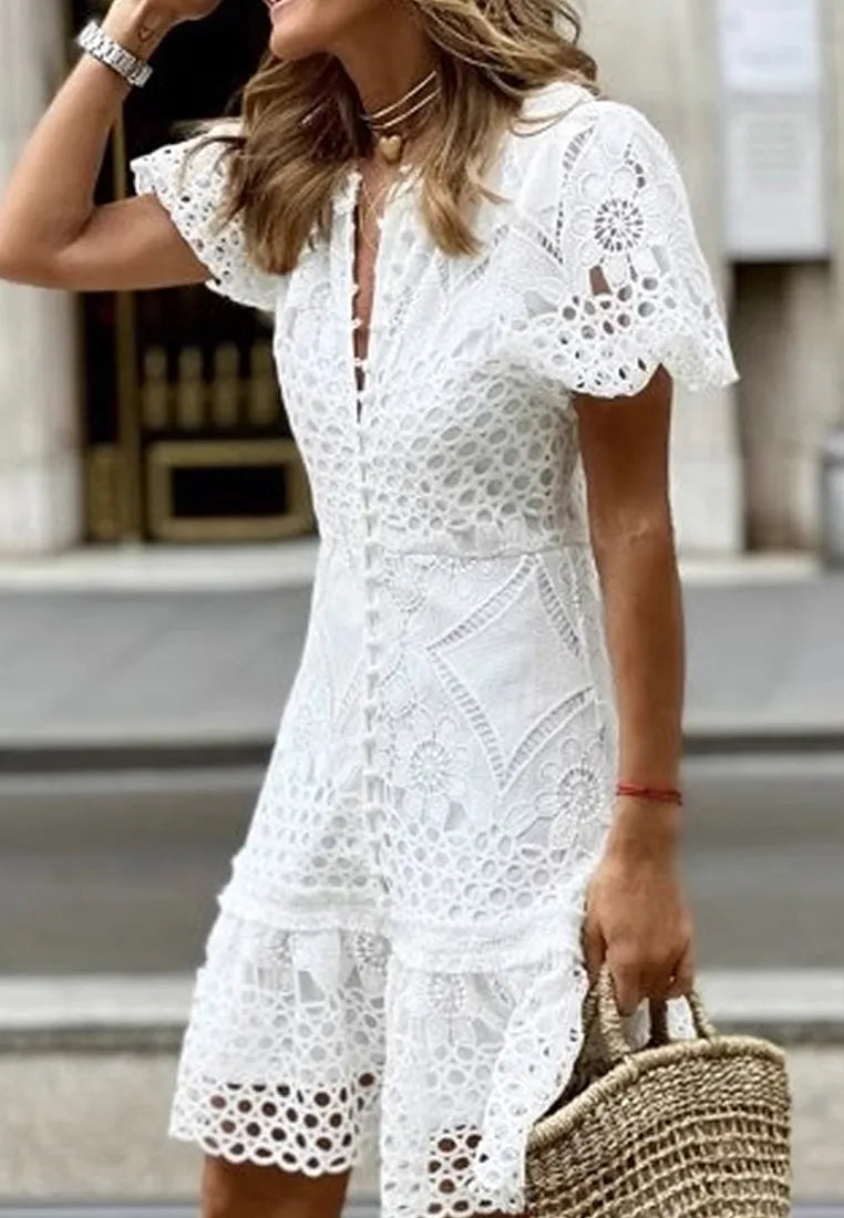 Vestido encaje manga corta estilo europeo americano blanco