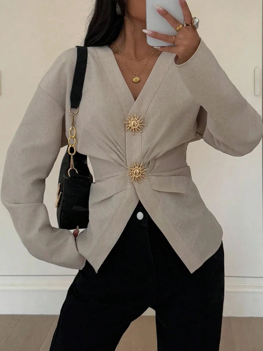 Blusa de Manga Comprida Franzida em Camadas com Gola em V