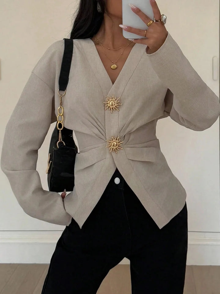Blusa de Manga Comprida Franzida em Camadas com Gola em V