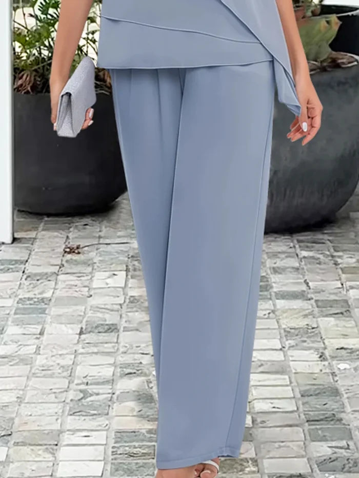 CONJUNTO FEMENINO TOP EN CAPAS ASIMETRICO Y PANTALON DE PIERNA ANCHA - LOOK ELEGANTE PARA NOCHE