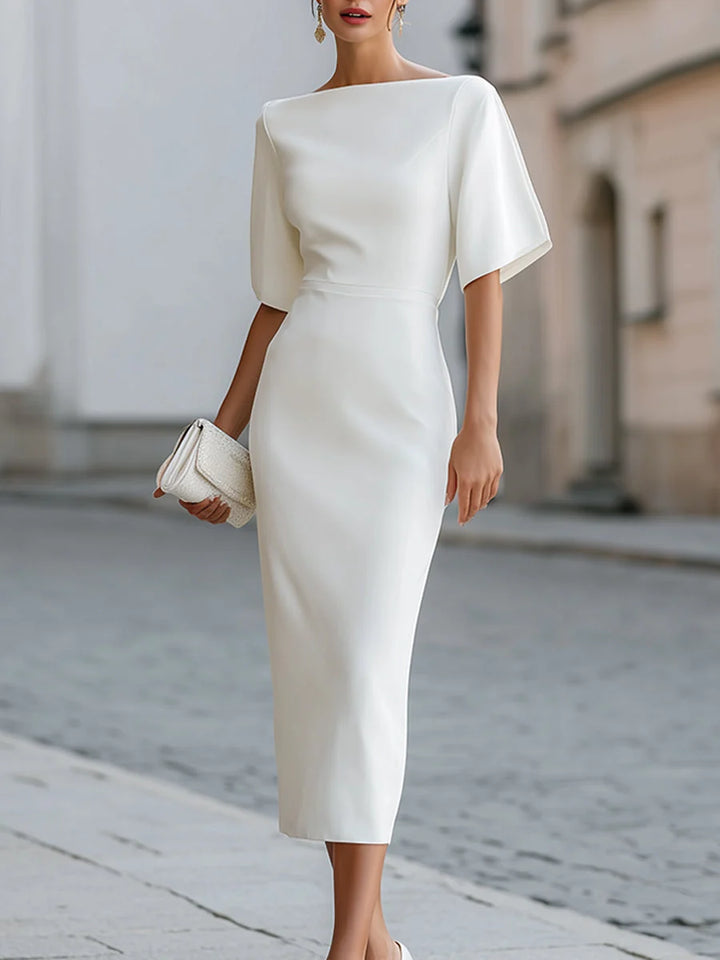 Valquiria | Vestido Midi Elegante Com Decote Barco E Manga Curta Estruturada