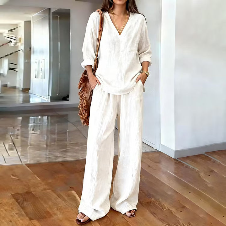 Two-Piece Set: Long Sleeve V-Neck Top and Retro Style Cotton Pants with Pockets