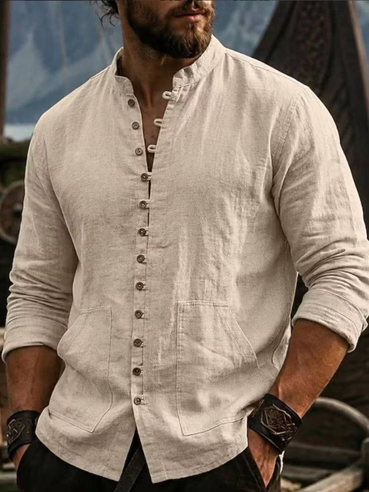 Camisa Casual Transpirable Hombre Cuello Mao Con Bolsillos