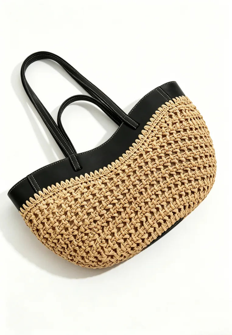 Bolso tote rafia tejida estilo resort francés gran capacidad k26051902