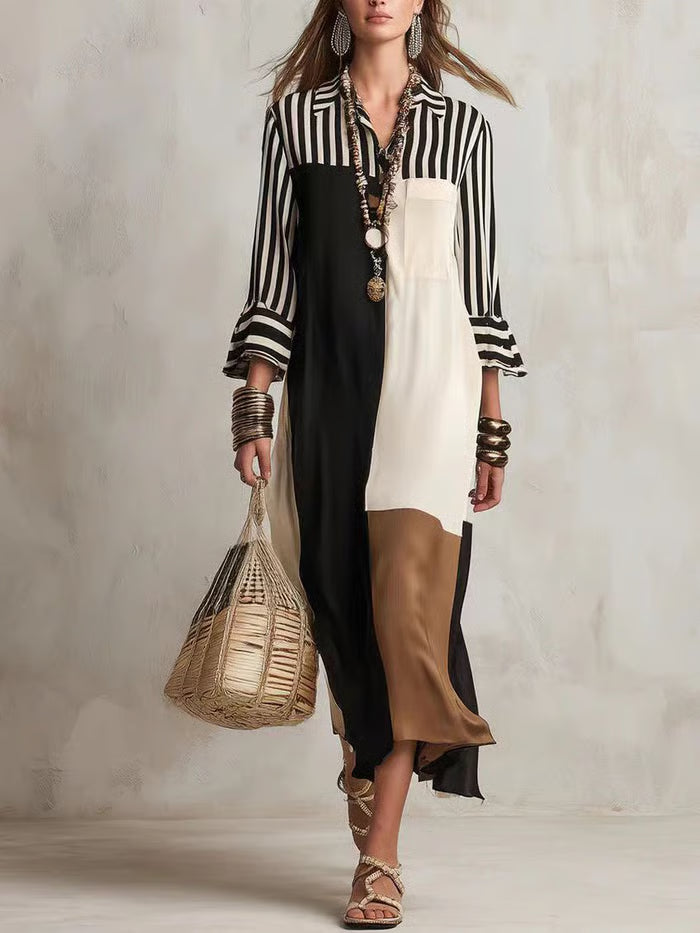Vestido Midi Camisero Con Mangas Campana Y Bloques De Color En Contraste
