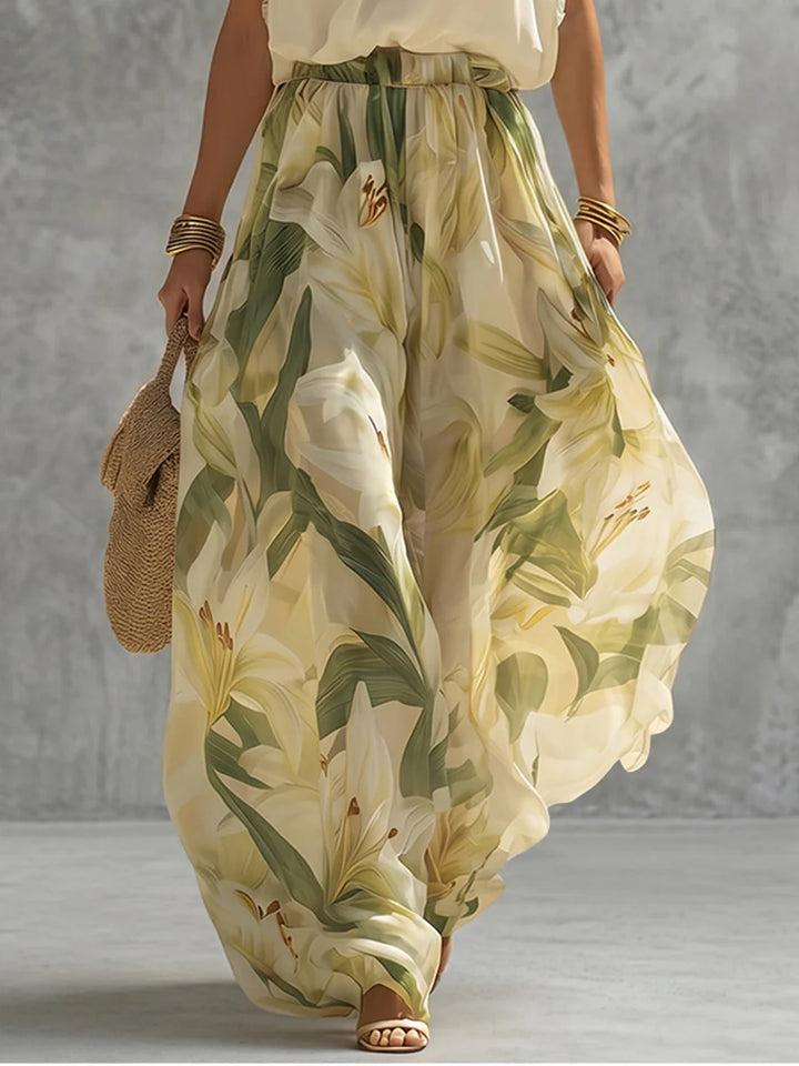 Pantalón De Pernera Ancha Cintura Alta Con Estampado Floral Y Contraste De Color - Elástico