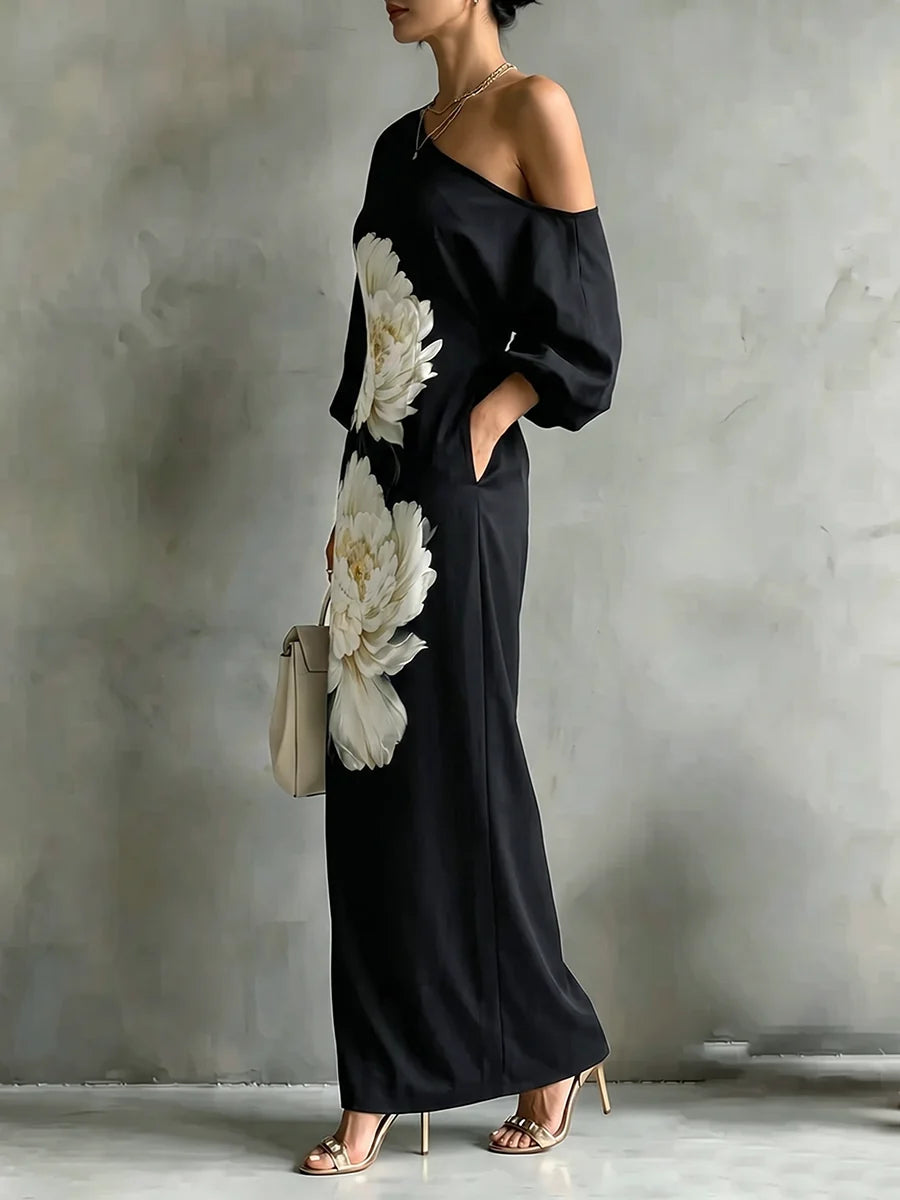 Vestido Maxi Floral Suelto De Un Hombro Con Manga Asimétrica Tres Cuartos Y Bolsillos
