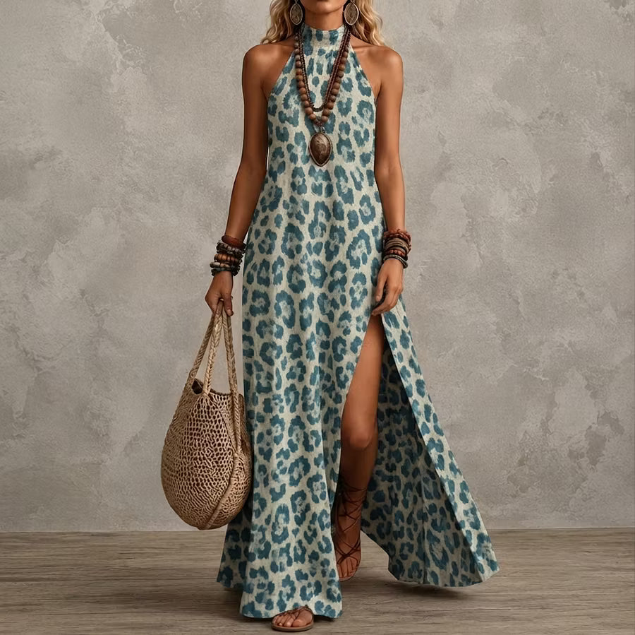 Vestido largo retro sin mangas con estampado y abertura en el bajo