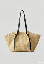 Bolso tote paja estilo resort francés con asas de cuero k26051901