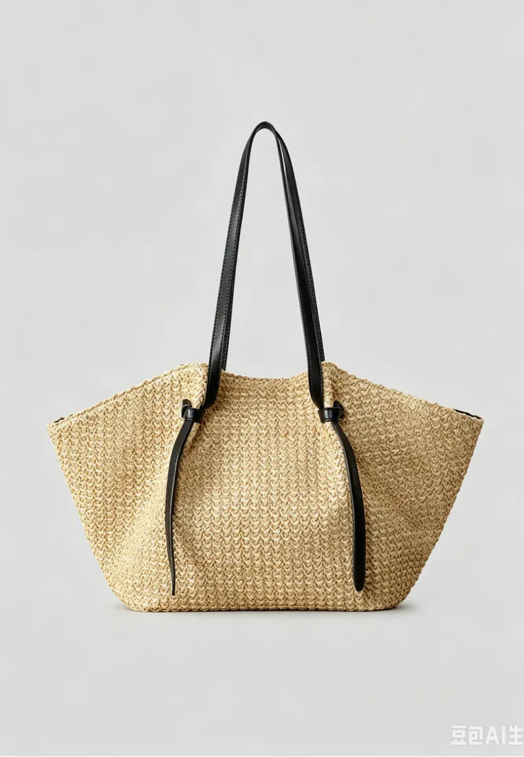 Bolso tote paja estilo resort francés con asas de cuero k26051901