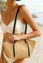Bolso tote paja estilo resort francés con asas de cuero k26051901