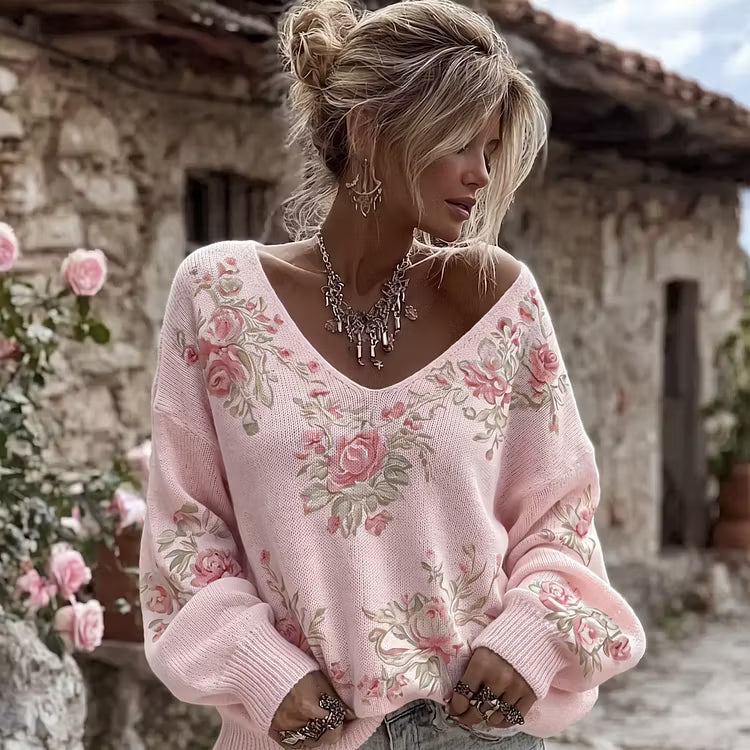 Suéter De Punto Con Cuello En V Y Estampado Floral De Rosas Vintage