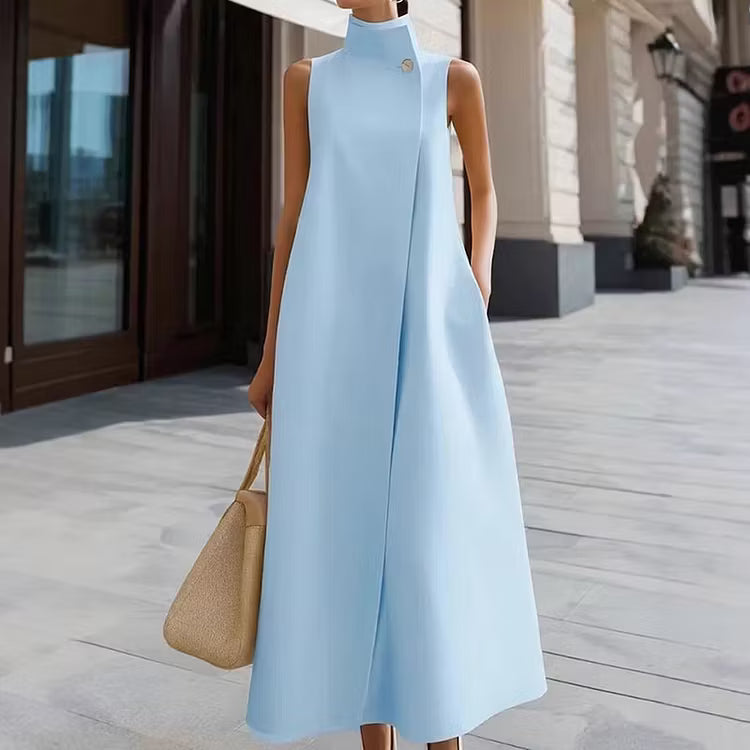 Vestido Midi Elegante Sin Mangas Con Cuello Mao Y Color Sólido