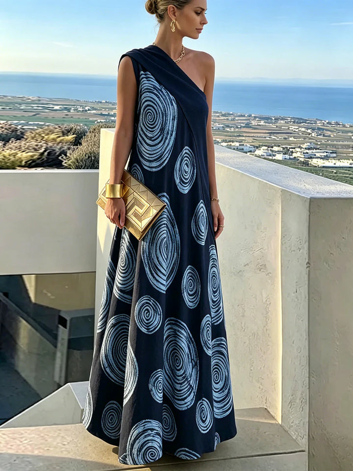 Vestido Maxi Holgado Corte En A Con Un Hombro, Plisado Y Color En Contraste