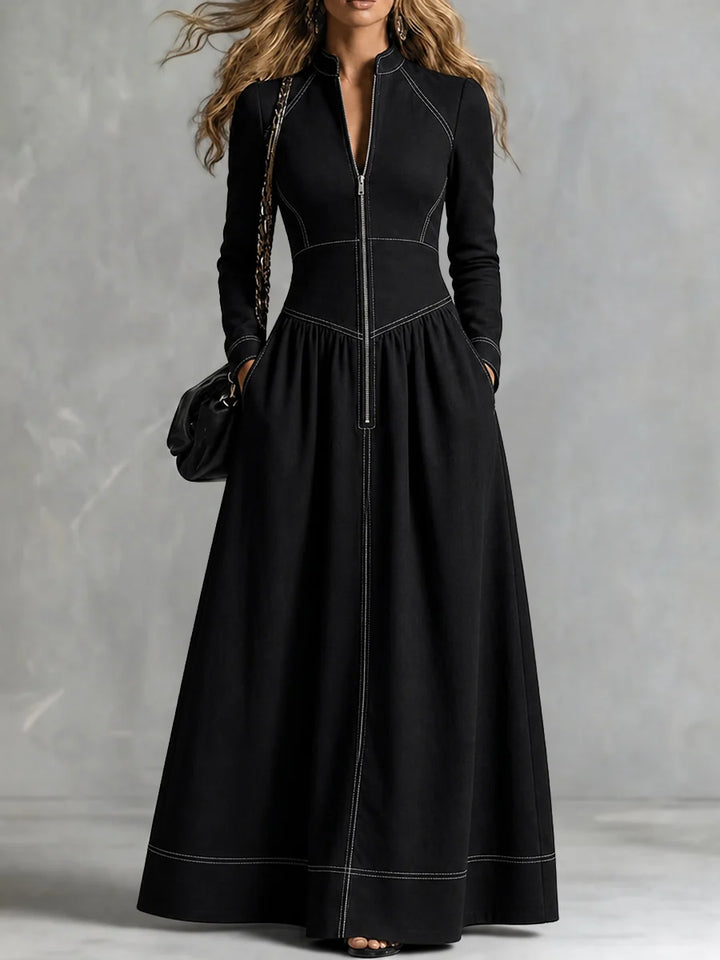 Vestido Maxi Con Cuello Alto Y Mangas Plisadas En Color Contrastante