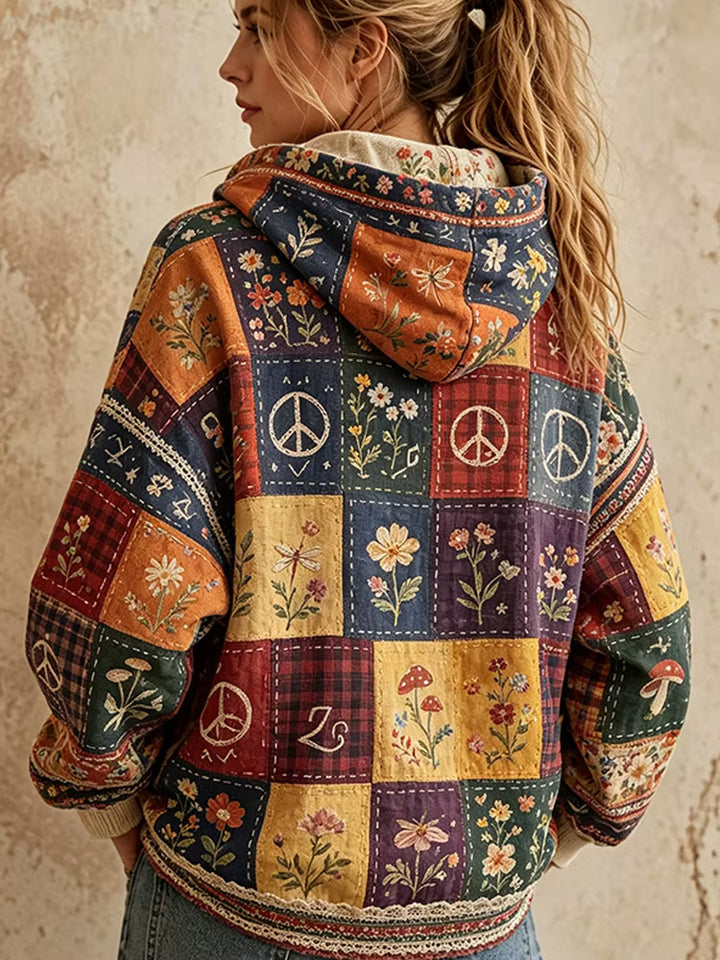 Sudadera Con Capucha Vintage - Estampado Patchwork Floral Y Símbolo De La Paz