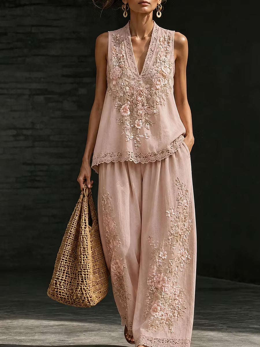Conjunto Vintage De Dos Piezas Con Chaleco Y Pantalón Con Bordado Floral