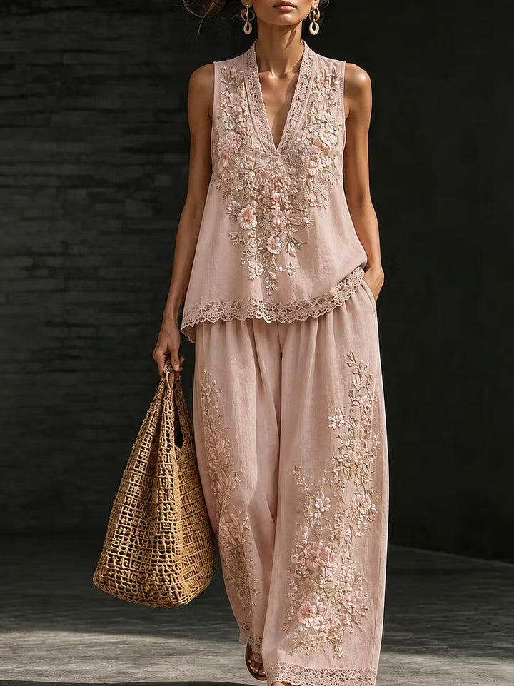 Conjunto Vintage De Dos Piezas Con Chaleco Y Pantalón Con Bordado Floral