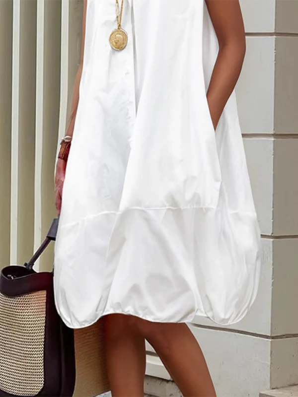 Vestido Midi Camiseiro Sem Mangas Abotoado com Lapela Cor Sólida