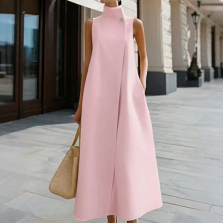 Vestido Midi Elegante Sin Mangas Con Cuello Mao Y Color Sólido